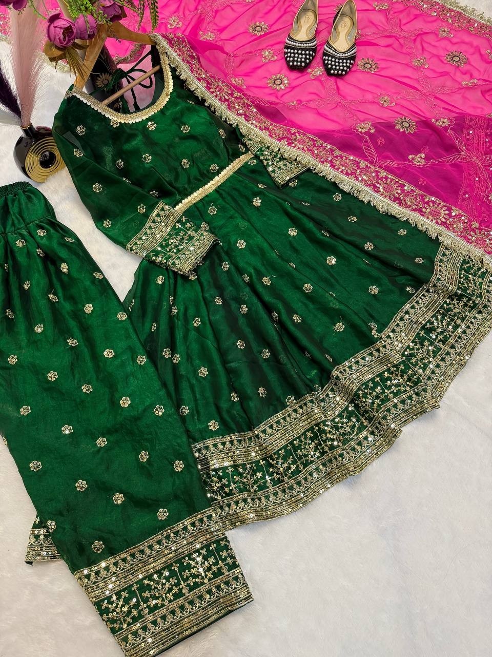 Beautiful Heavy Silk Green Top Bottom With Dupatta For Function Wear