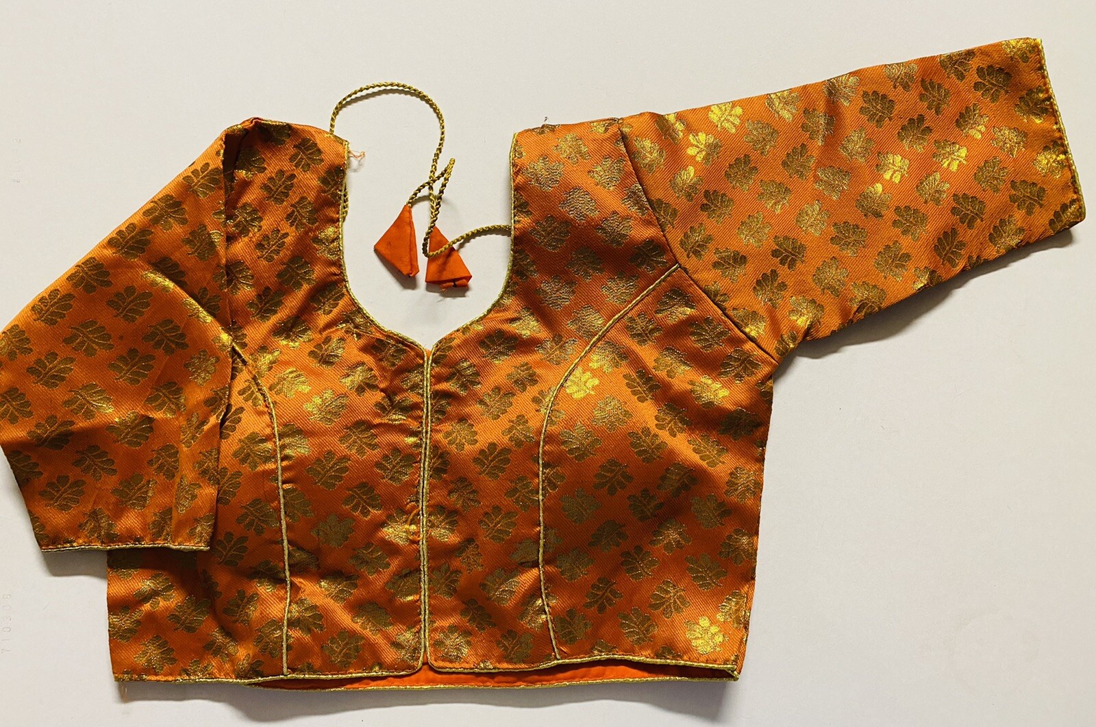 NEW Readymade Designer Sari Blouse orange GOLDEN BROCADE SLEEVES DORI 36″-USA