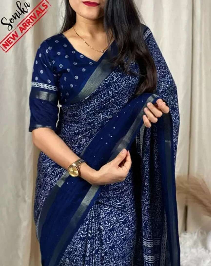 Animal Print Daily Wear Silk Blend Saree with Unstitched Blouse (Blue)