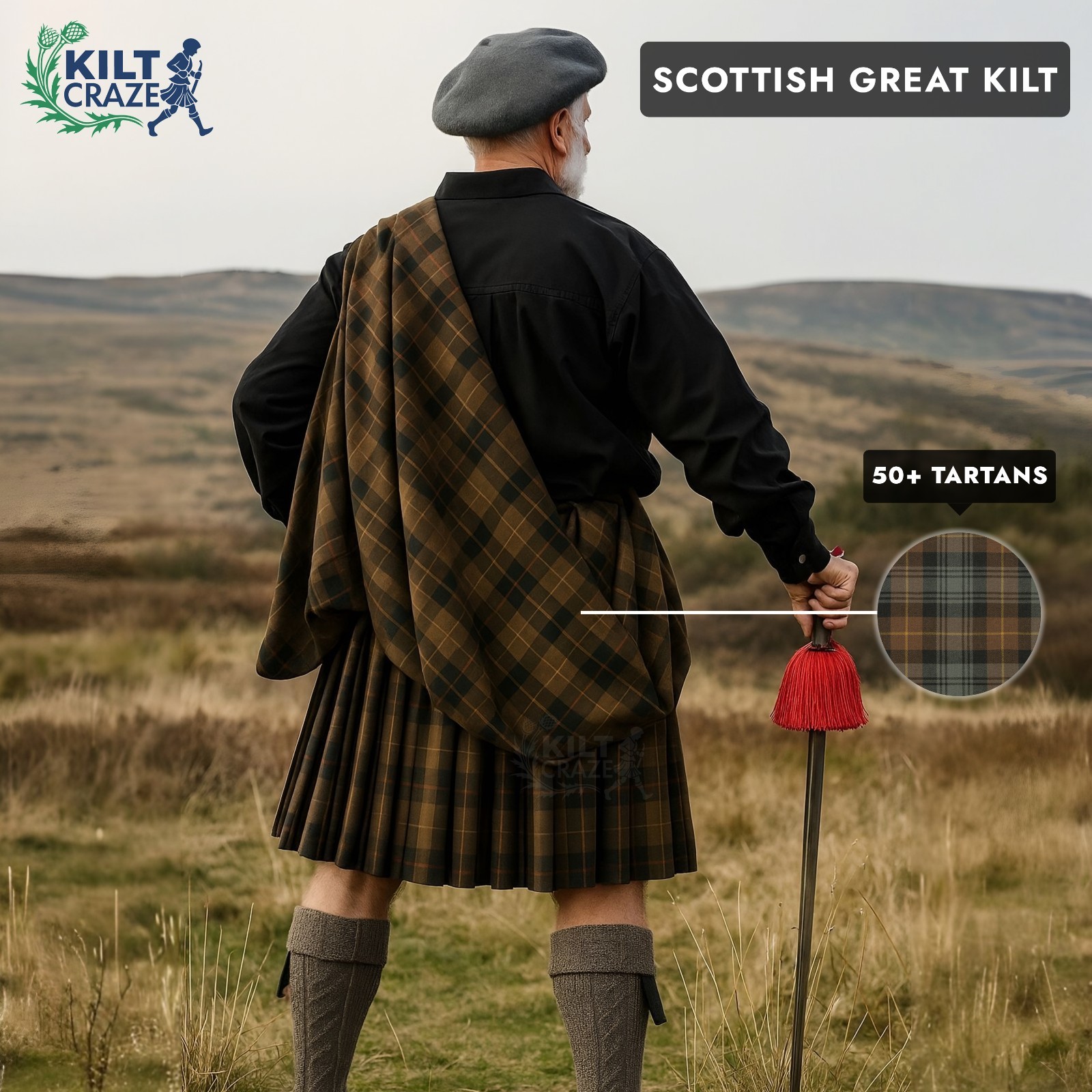 Mens Traditional Great Kilt 13oz 18th Century Scottish Great Kilt in 50+ Tartans