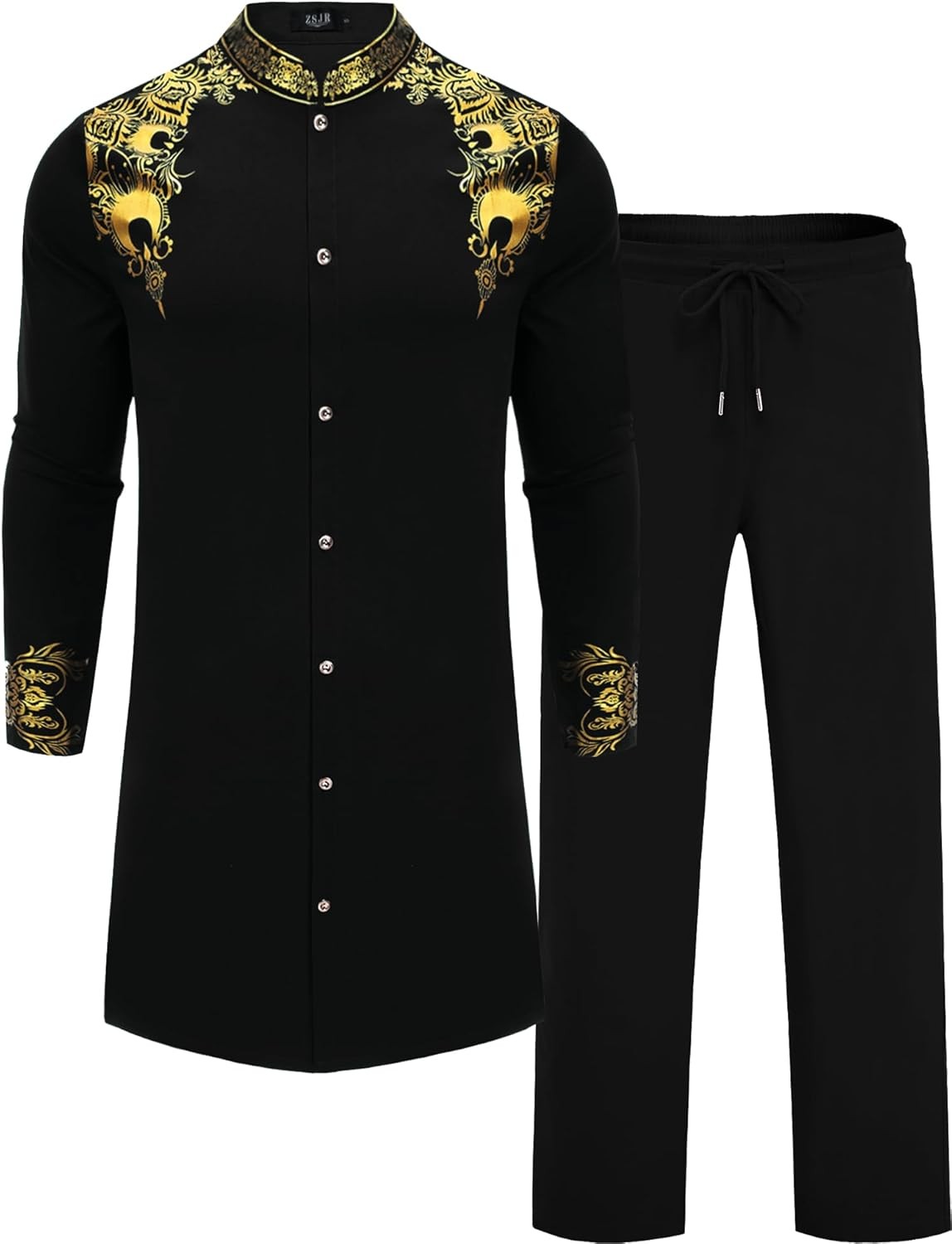 Mens Long African 2 Piece Set Nigerian Dashiki Metallic Traditional Suit