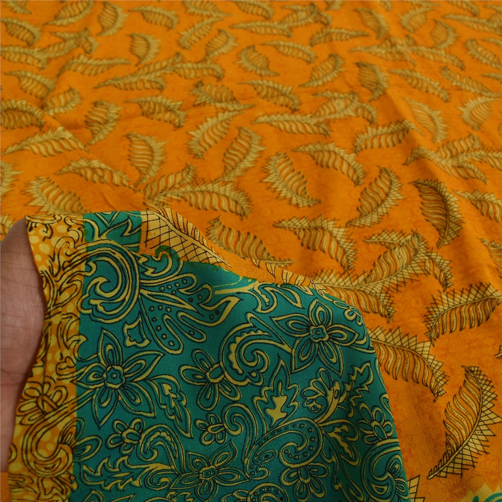 Sanskriti Vintage Sarees Yellow Pure Crepe Silk Printed Sari 5+Yd Craft Fabric