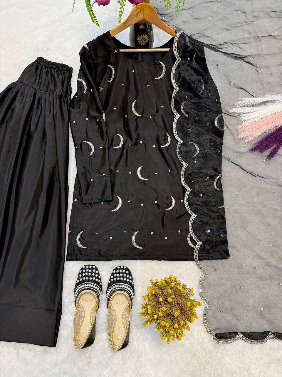 Presenting Natural Crep Silk Black Salwar Kameez With Dupatta For Festival Wear