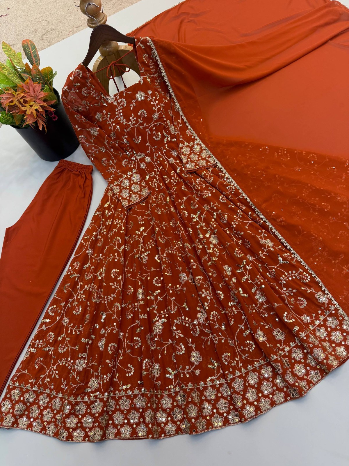 Designer Faux Georgette Orange Gown Bottom With Dupatta For Indian Party Wear