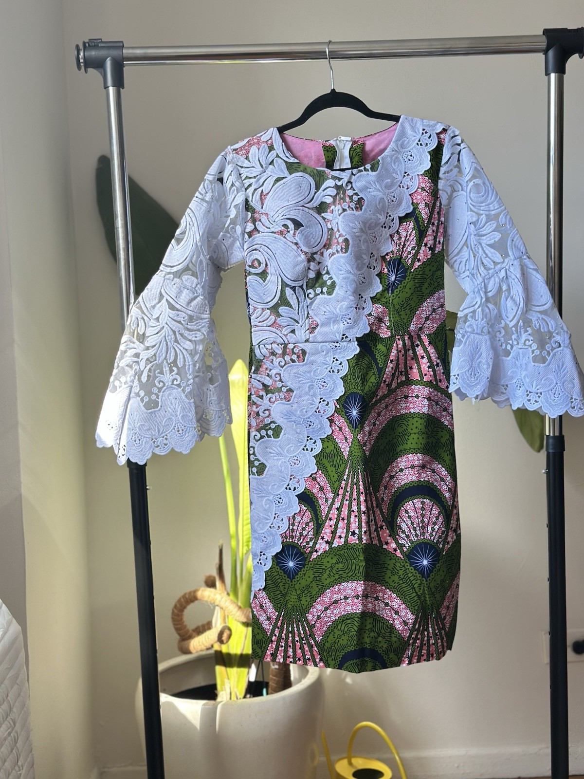 Handmade African Kaftan Dress with White Lace Sleeves Multi-Color for Women M