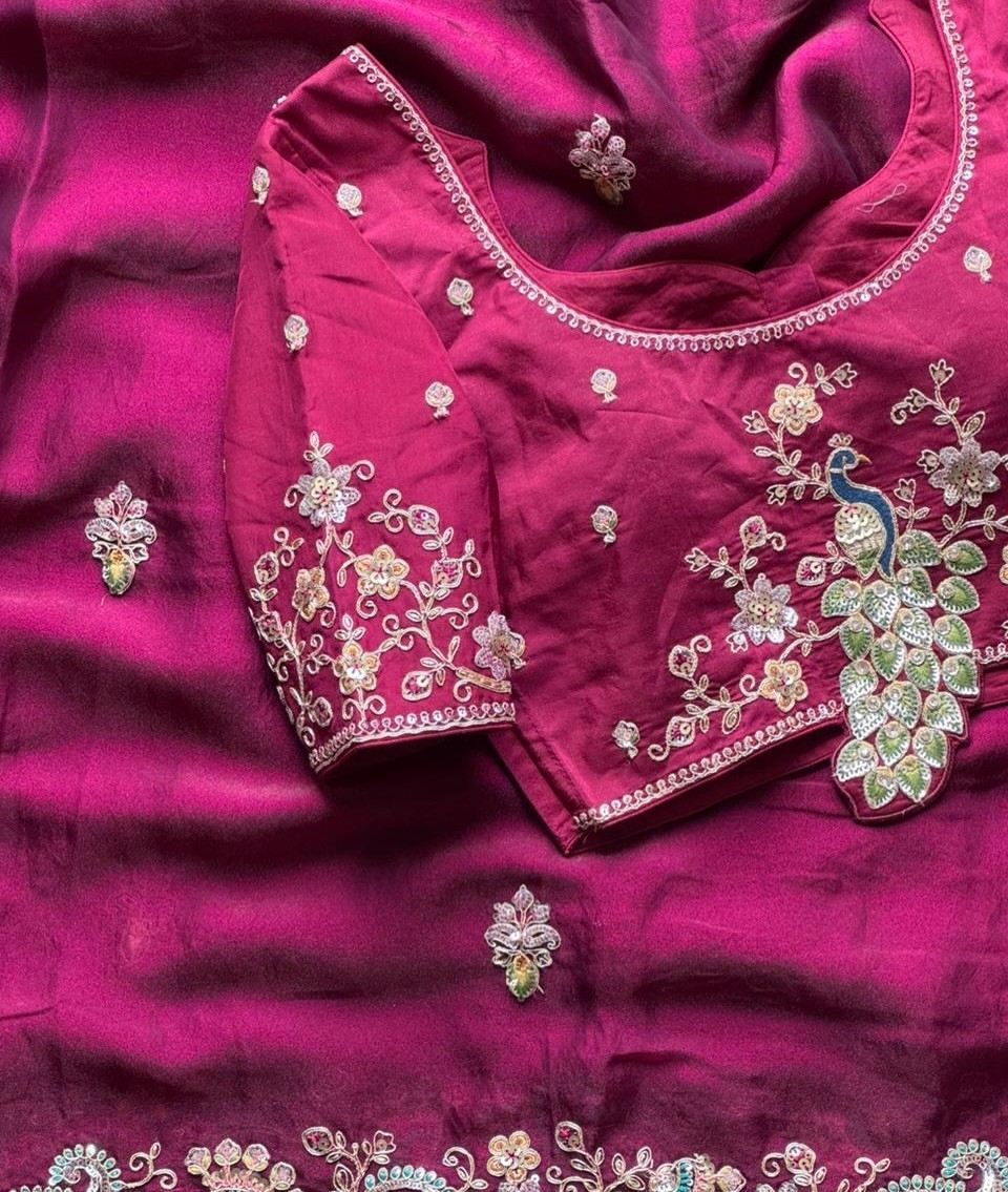 soft space silk saree sequence coding handwork with same work blouse .