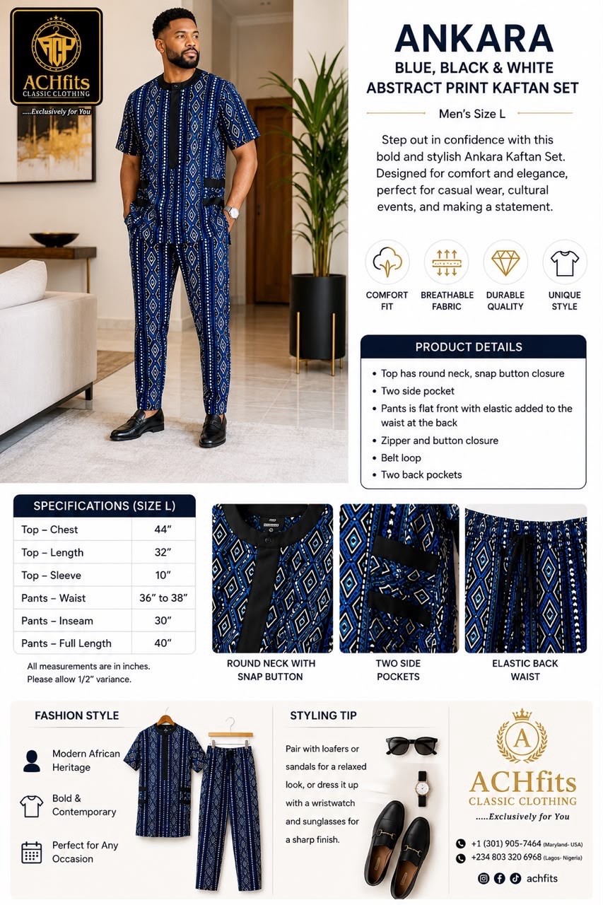 Nigeria/African 2pc Set Blue Ankara Men’s Native Traditional Senator Style Wear