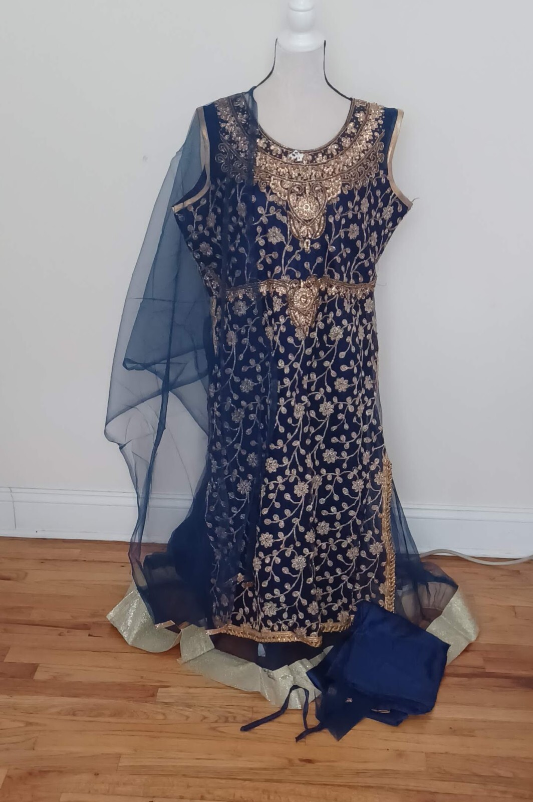 New Blue Soft Net Stitched Ready Made 3Piece Gown