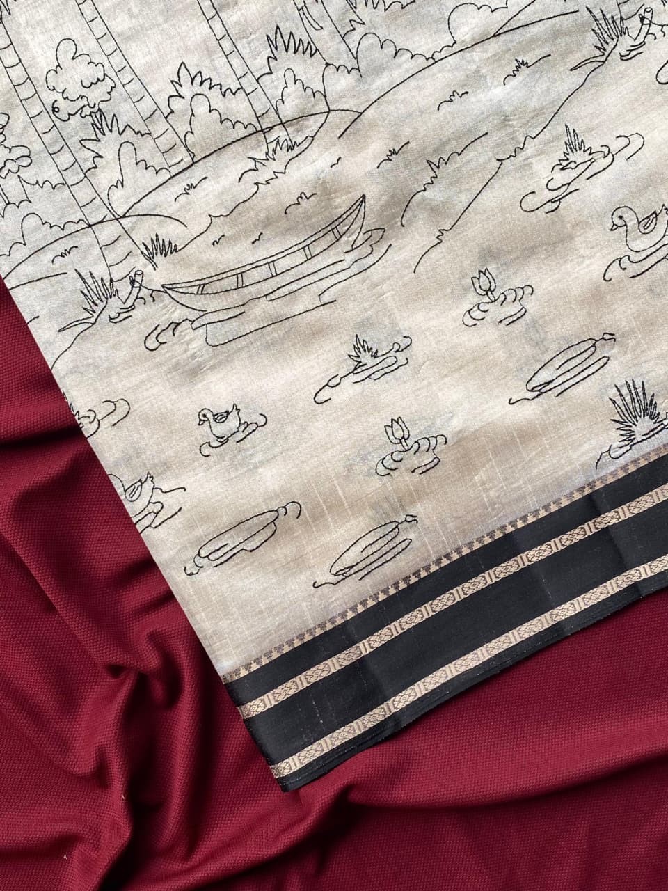 Off White Handloom Cotton Silk Saree Kalamkari Scenic Border 6.3M Festive Wear