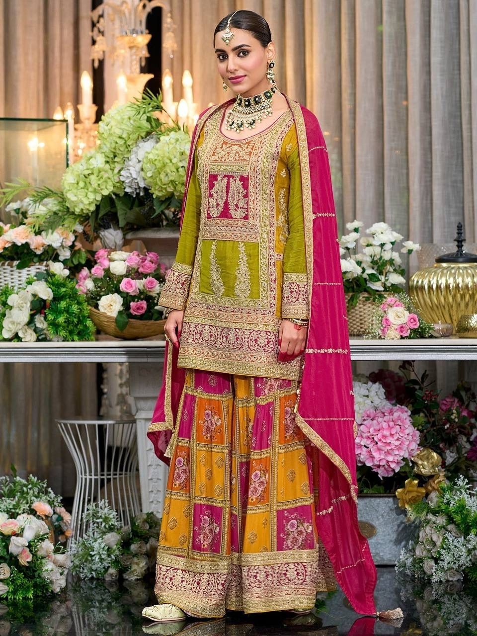 Bollywood Style Peach Chinon Silk Salwar Kameez With Dupatta For Women