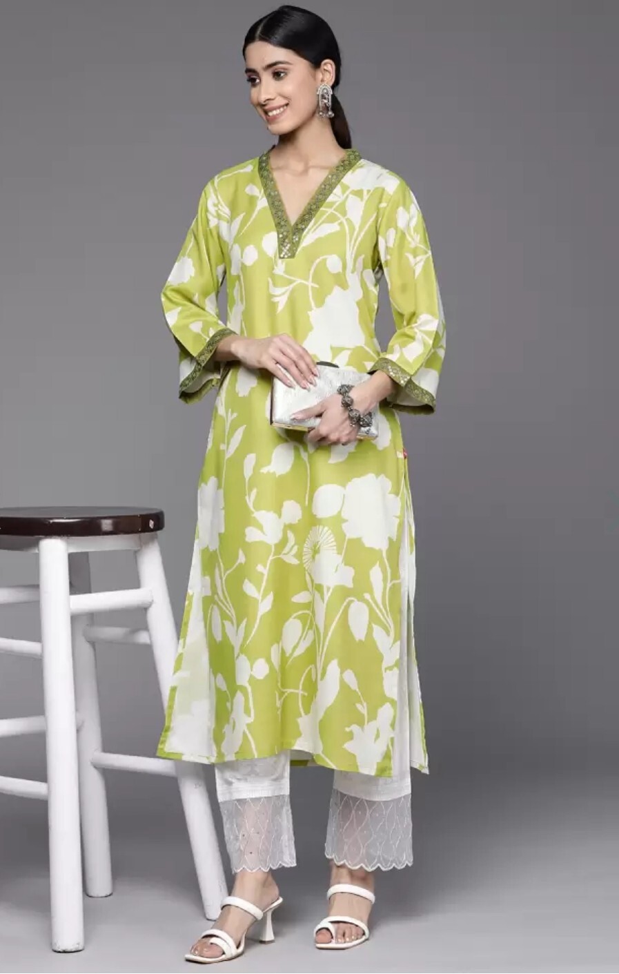 Women Kurtas; Lime Green Floral Printed Sequins detail Bell Sleeves Cotton Kurta