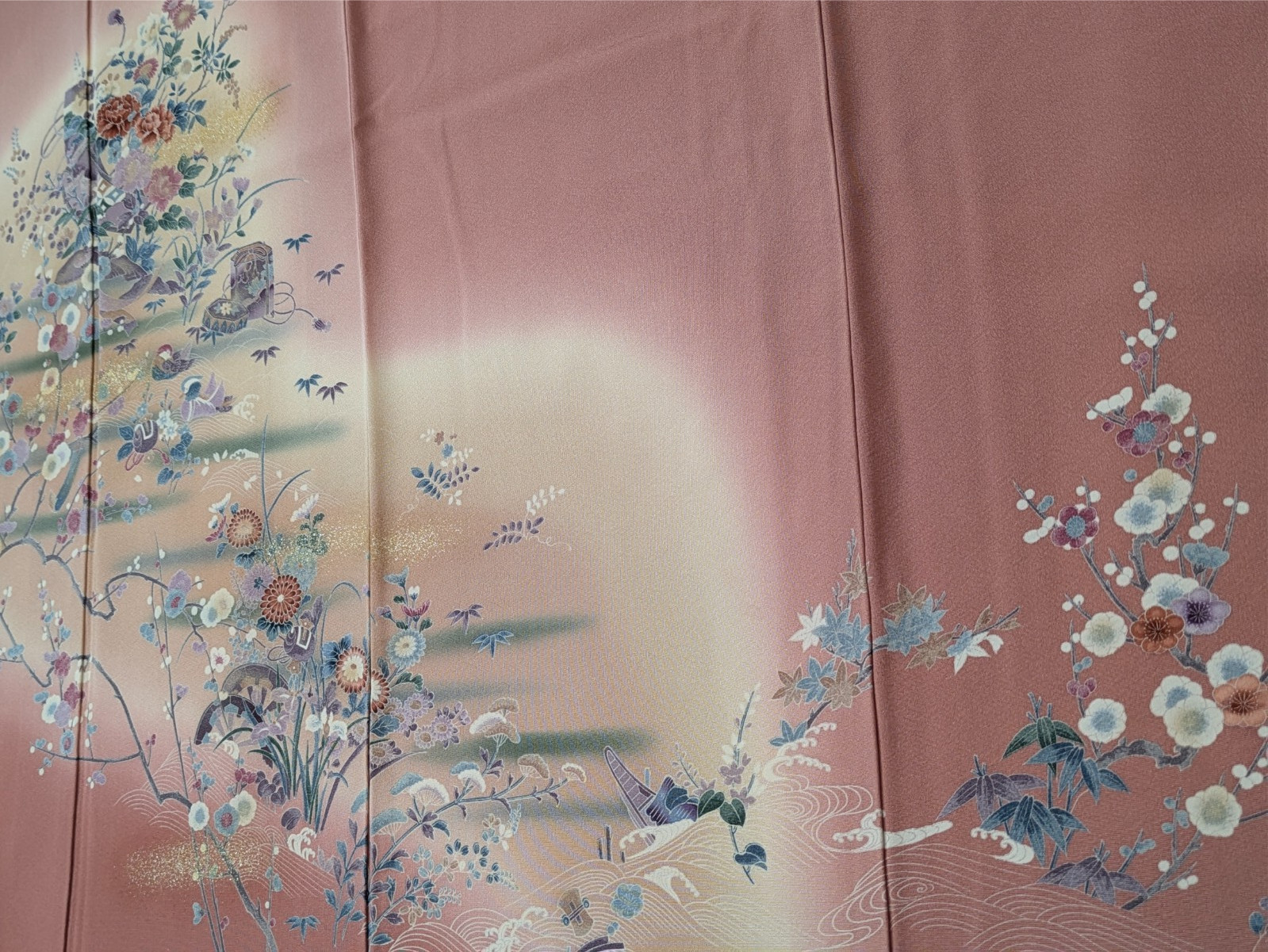 Authentic Japanese Kimono Silk Homongi Pink Colored Floral Birds Treasure Luxury