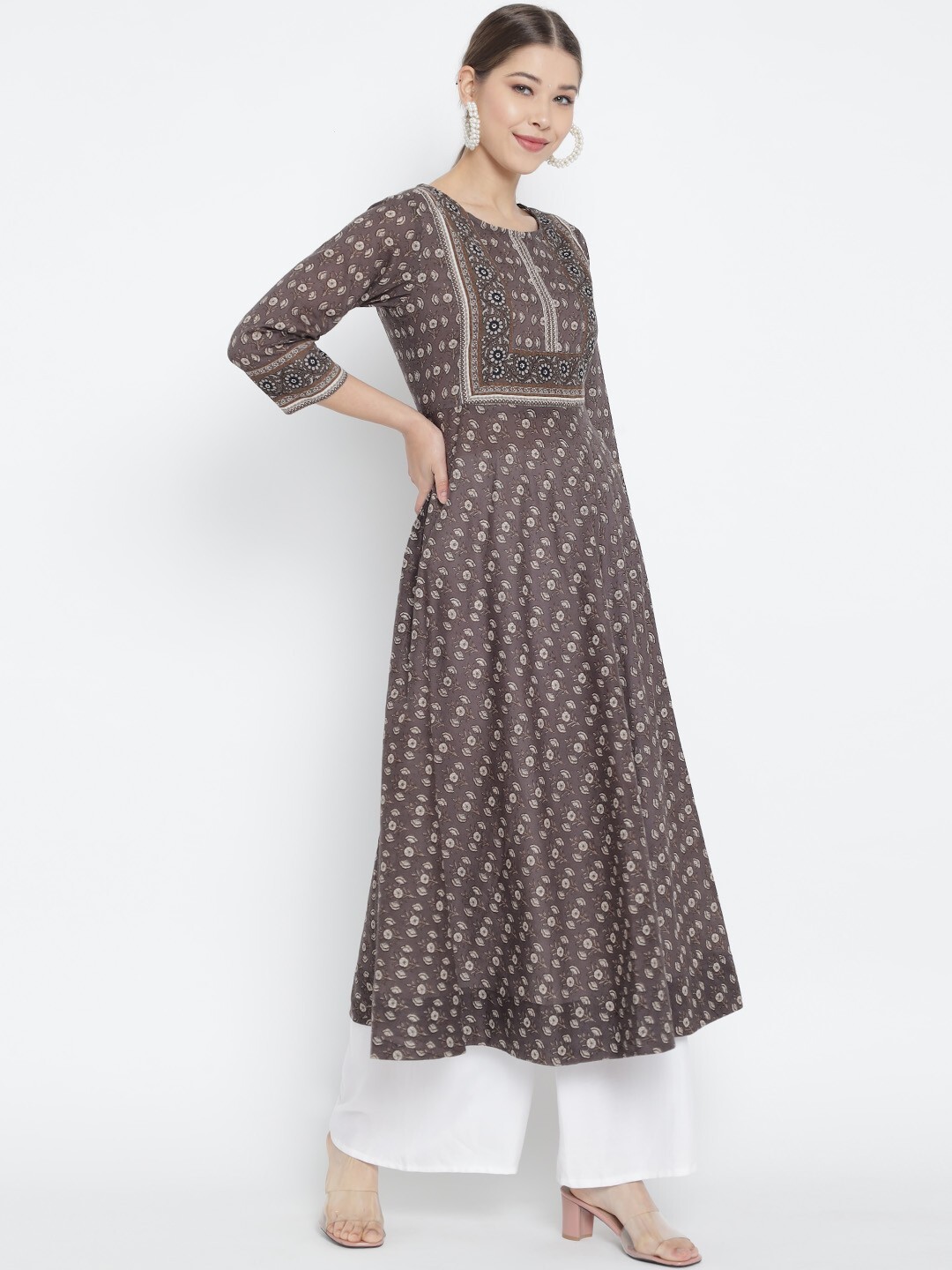 YASH GALLERY Women’s Cotton Floral Printed Grey Anarkali Kurti