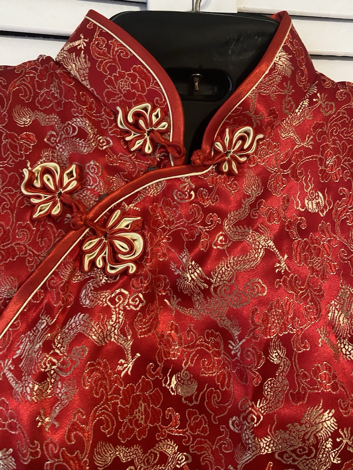 Vintage Chinese Cheongsam Qipao Dress Red Gold Dragon Phoenix Brocade Sz 38 S/M