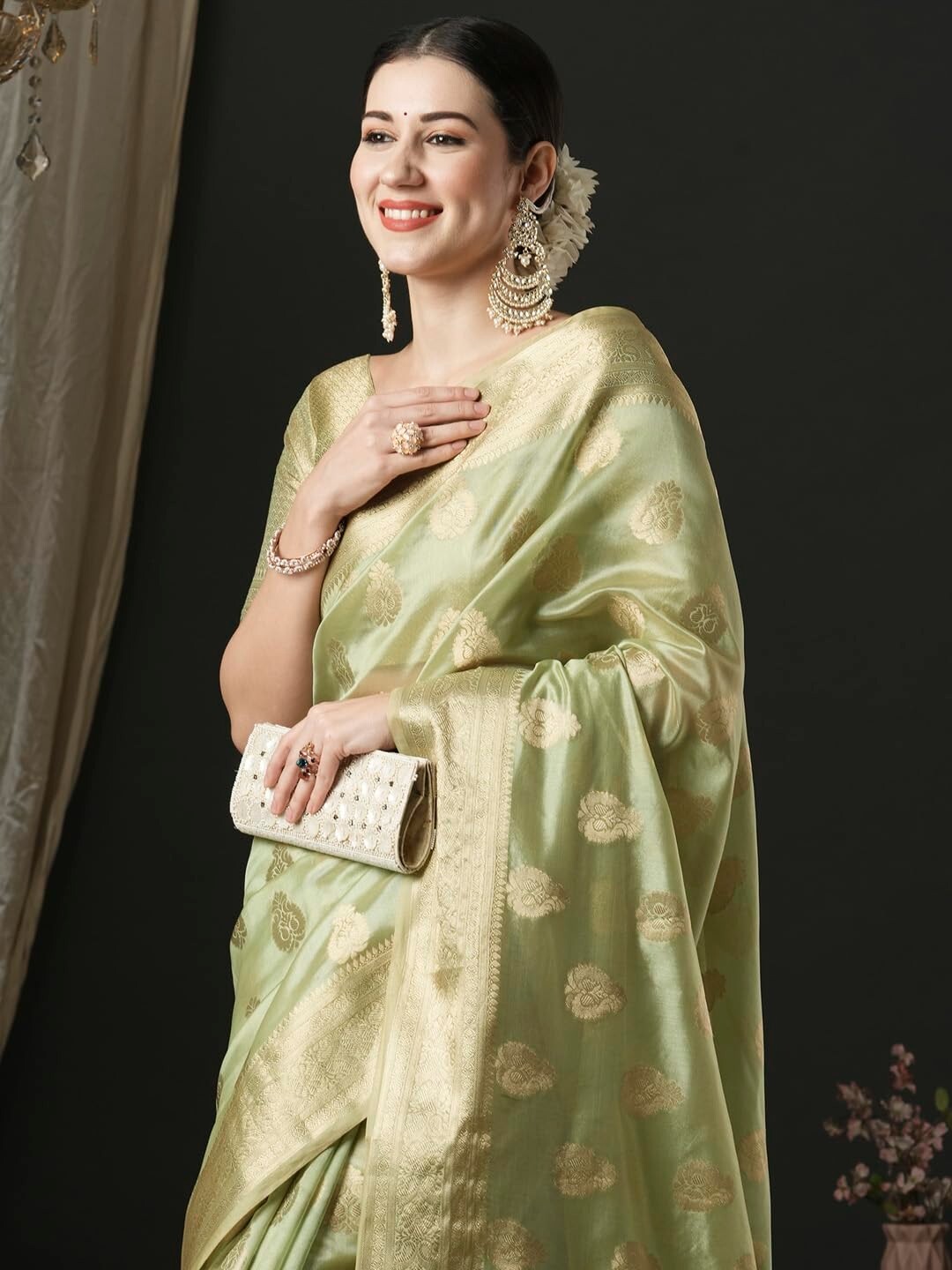 Women’s Organza Ethnic Motif Woven Design Saree With Unstitched Blouse Piece