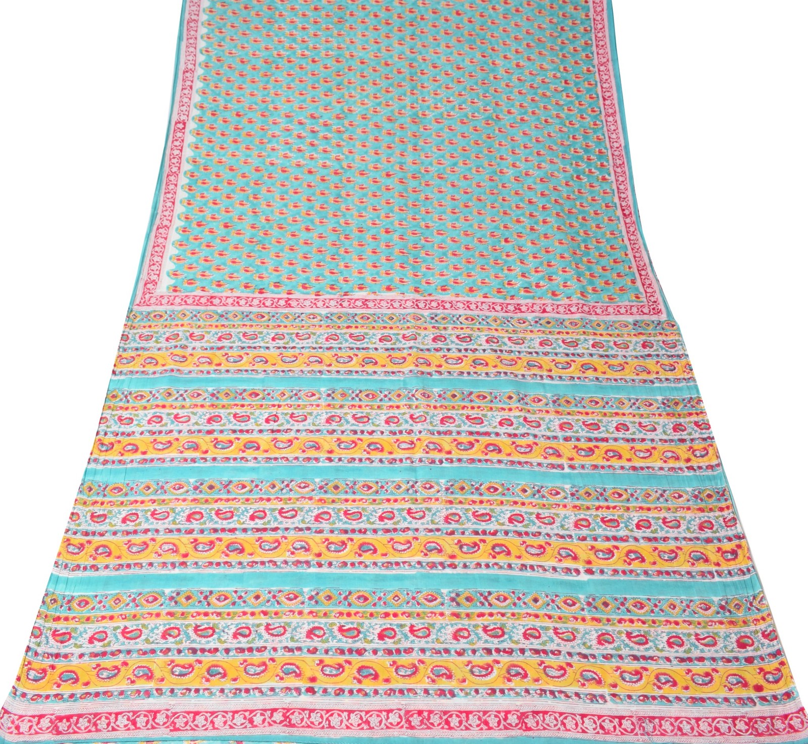Sushila Vintage Hand Block Saree Pure Cotton Printed Aqua Blue Soft Craft Fabric