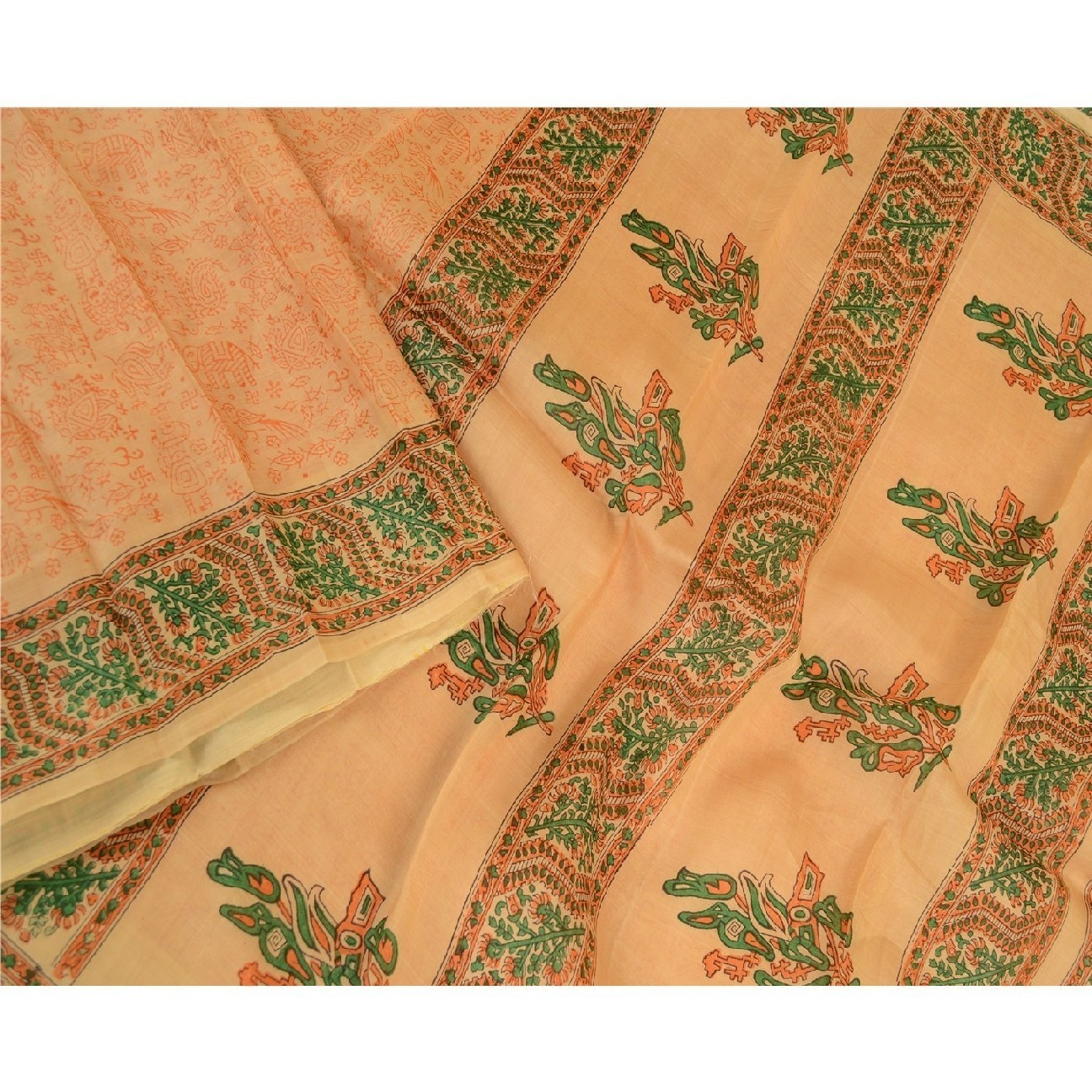 Sanskriti Vintage Sarees Beige Animal Swastik Printed Pure Silk 5+Yd Craft Sari
