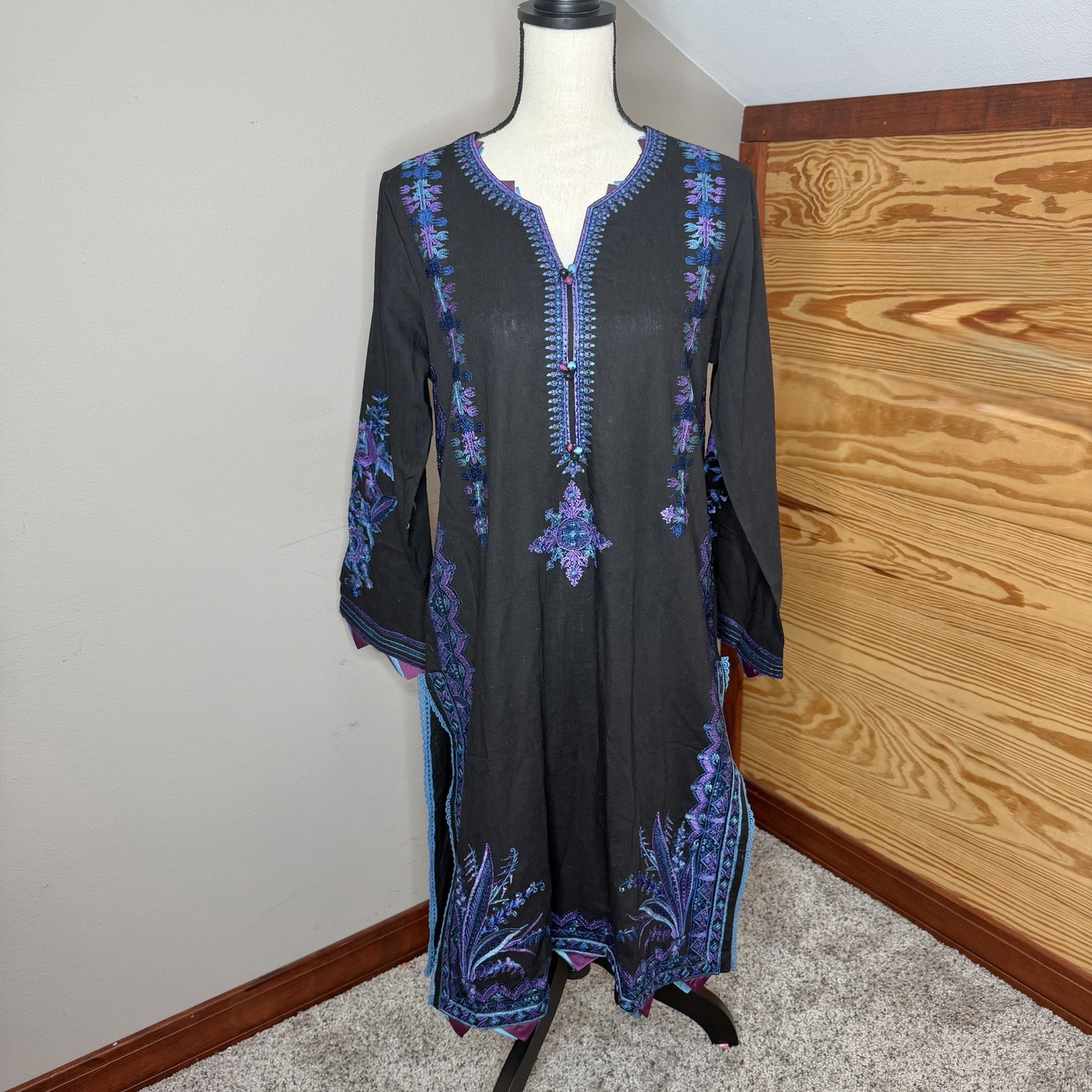Sana Safinaz Floral Embroidered Kurta Tunic Medium M Black Blue Purple Pakistani