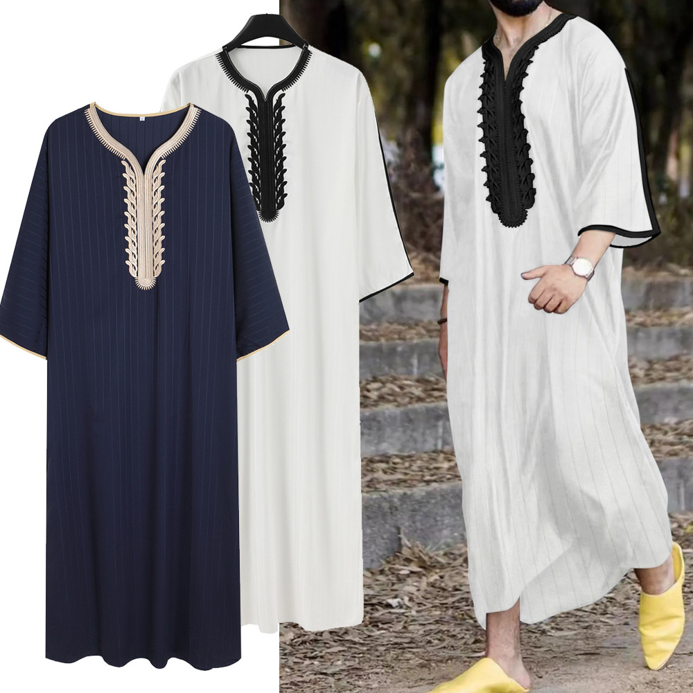 Men Long Sleeve Embroidery Muslim Clothing Saudi Jubba Arab Kaftan Thobe Dress