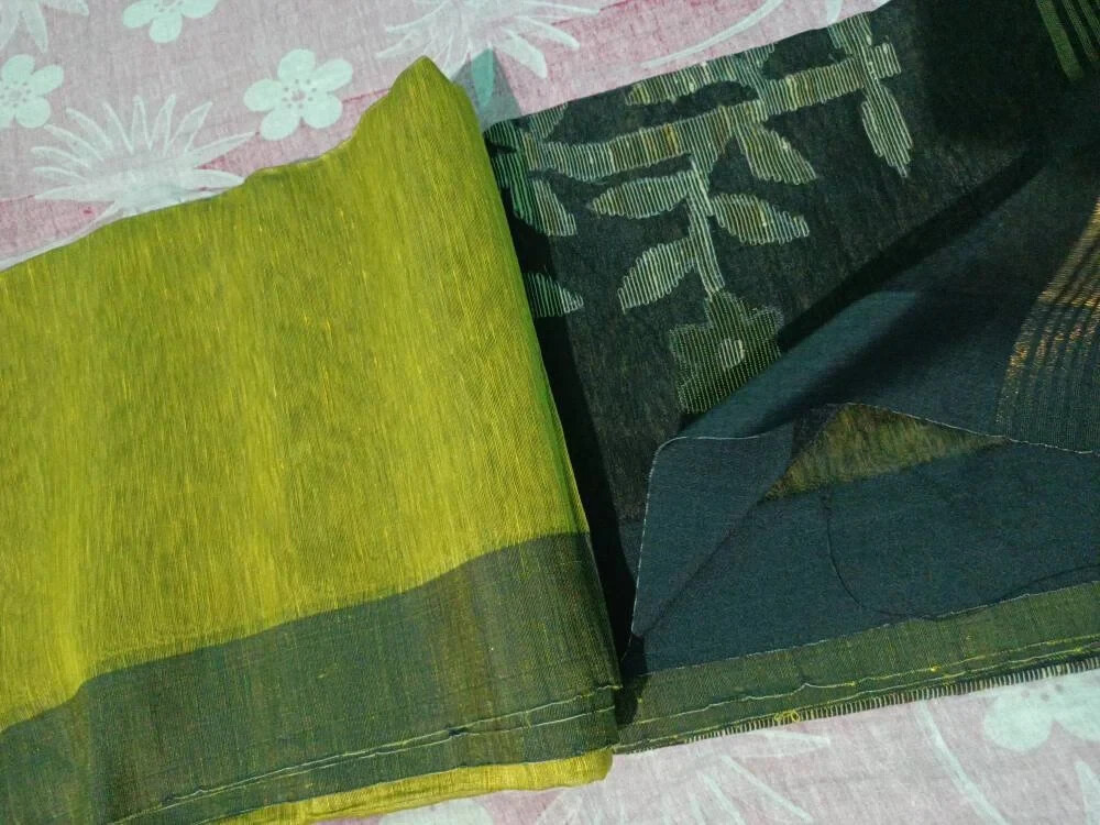 Silk linen jamdani Saree with running blouse piece Free Shipping