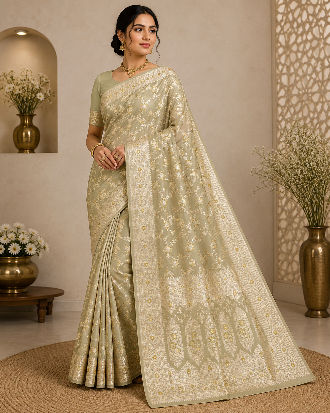 Pure Katan Silk Banarasi Saree, Sage Green Handwoven Gold Zari Bridal Wear