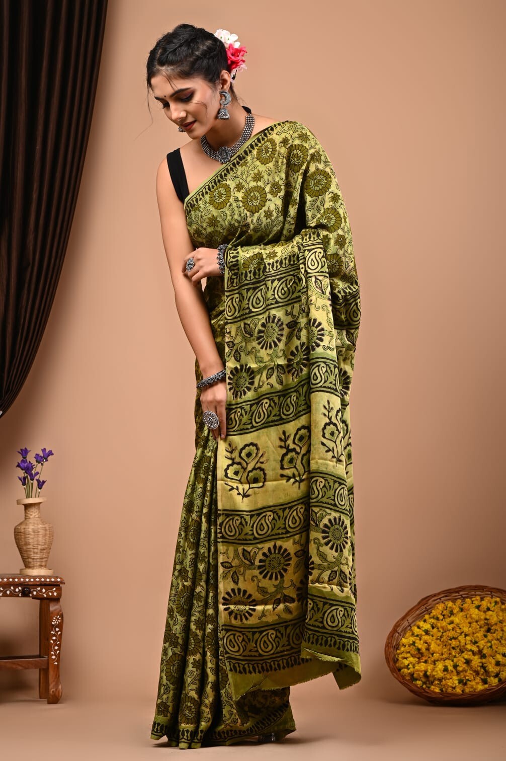 Natural Dye Vegetable Hand Block Print Saree, Pure Modal Silk Saree