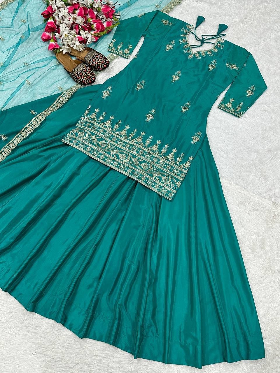 Presenting Teal Green Natural Crep Top Lehenga With Dupatta For Festival Wear