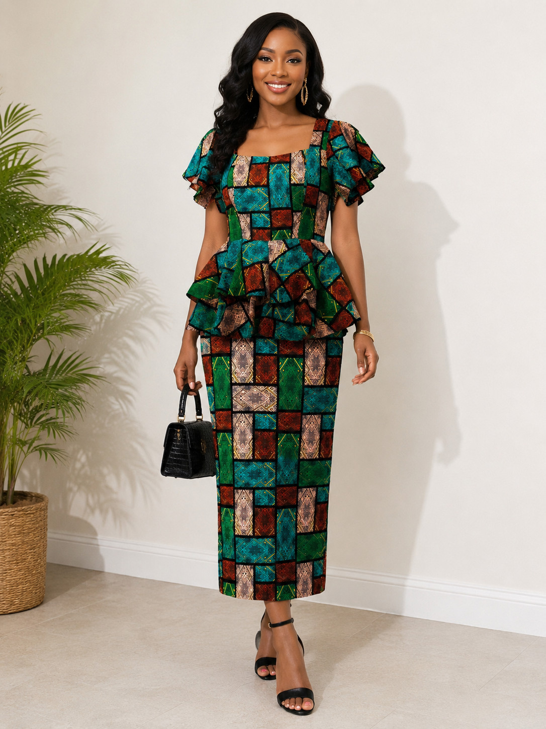 NNENE Heritage African Print Peplum Blouse & Maxi Pencil Skirt Set – Size 16 NWT