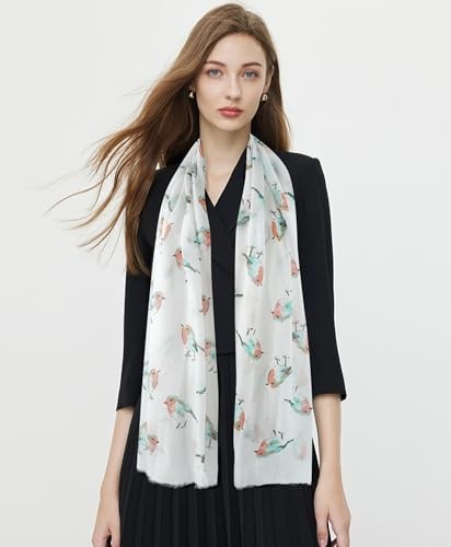 Scarfs for Women Lightweight Floral Birds Print Cotton Scarves Z-tasselwhite