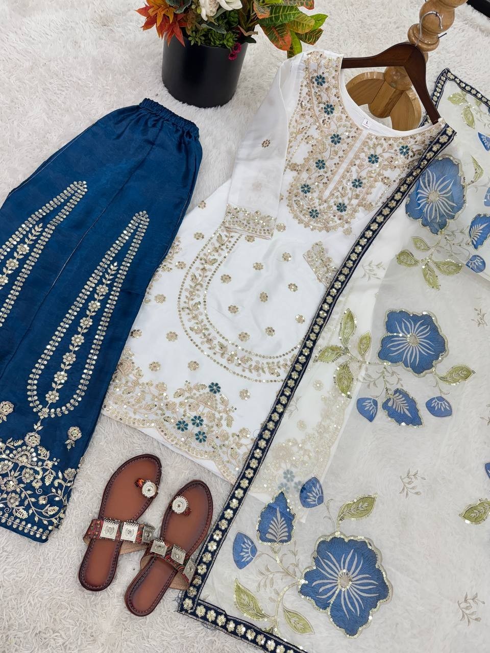 Latest New Silk Blue Kurta Palazzo With Dupatta For Indian Festival Wear