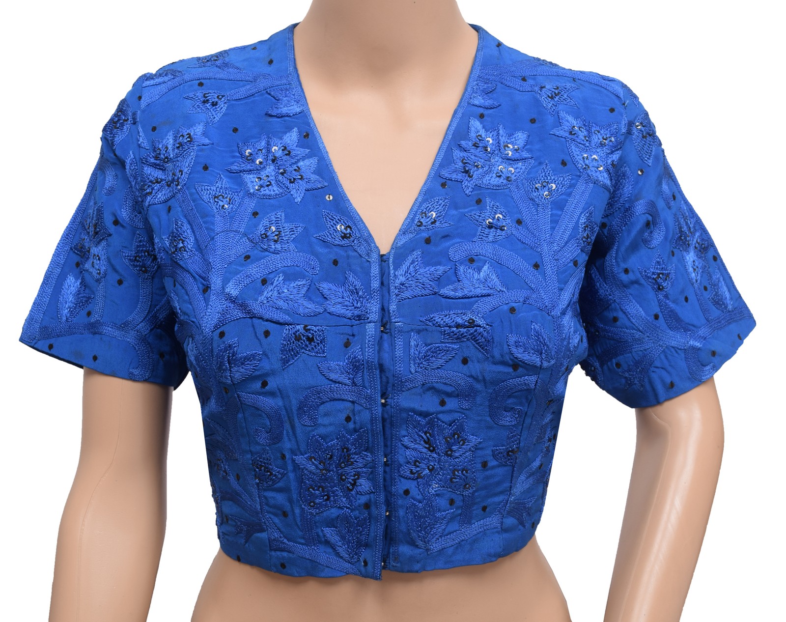 Sushila Vintage Readymade Stitch Sari Blouse Pure Crepe Blue Embroidered 40″ Top