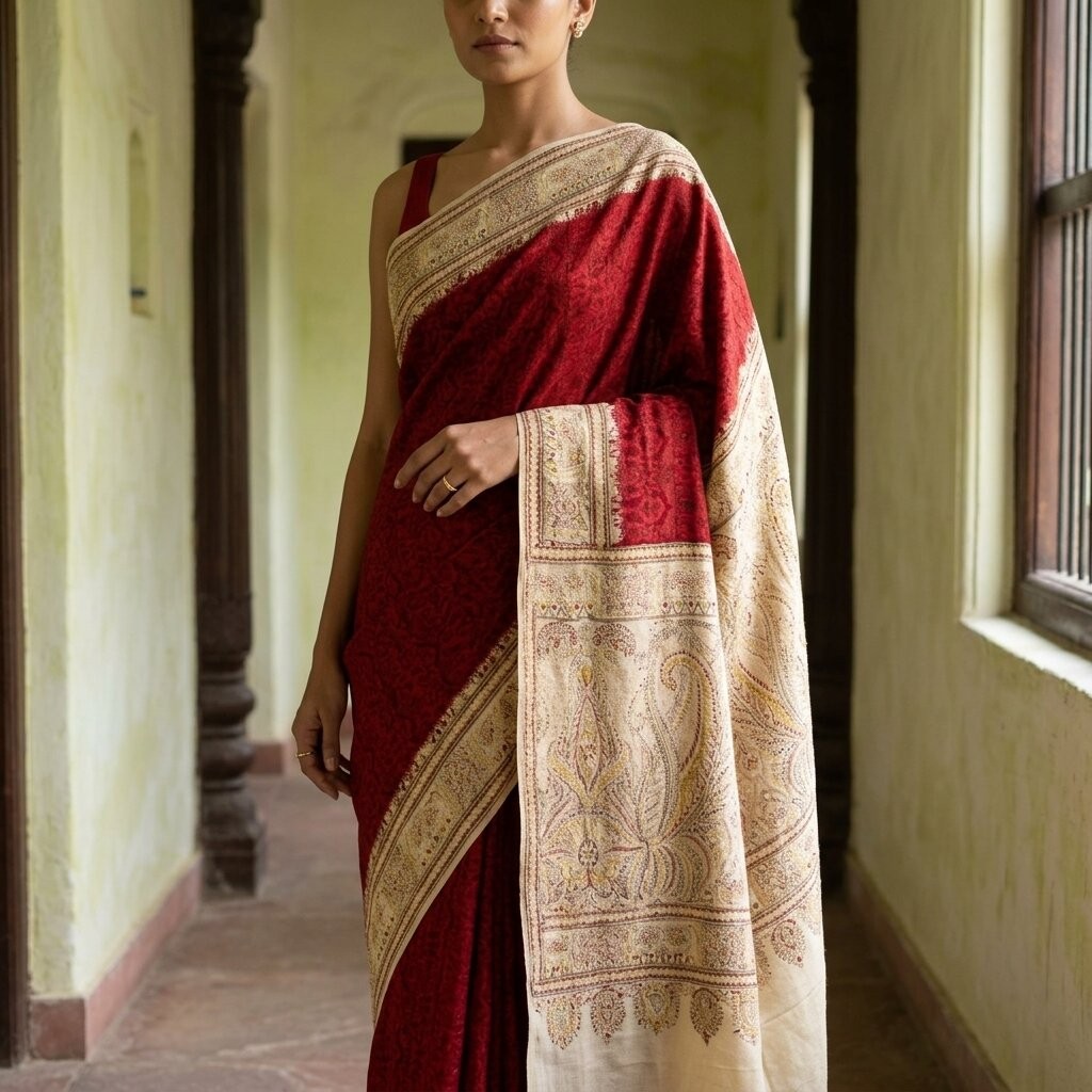 Sanskriti Vintage Red Art Silk Saree Floral Kantha Border Print Fabric 5Yardsari