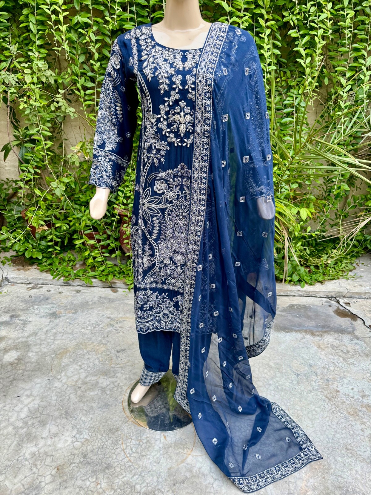 Pakistani Navy Blue 3 Pcs Fancy Chiffon Dress with embroidery & Squins work,L