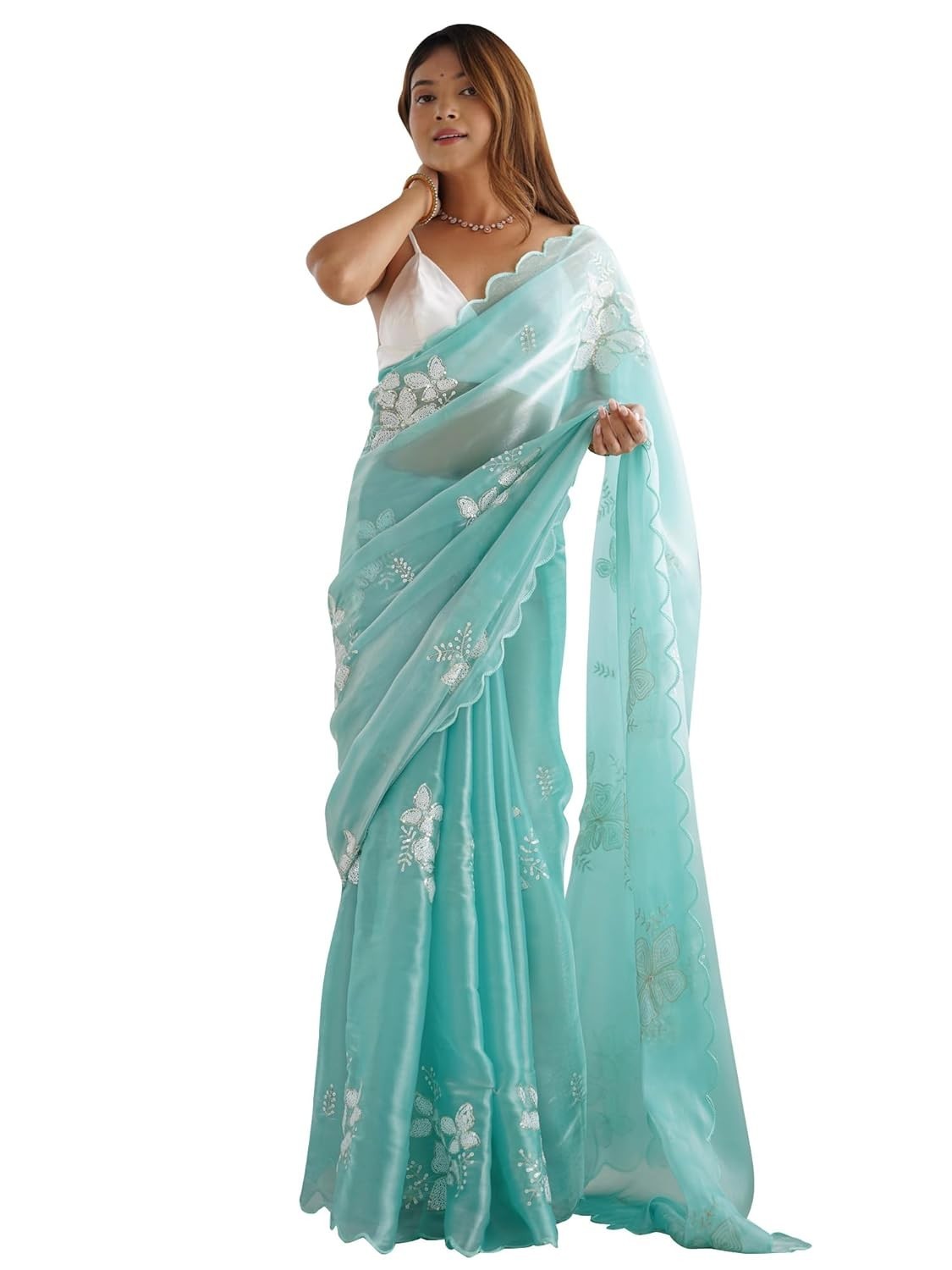 Women’s Shimmer Organza Sequence Embroidery Saree With Unstitched Blouse Piece