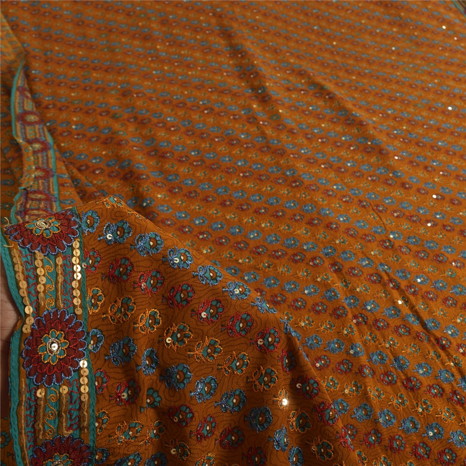 Sanskriti Vintage Yellow Sarees Pure Crepe Hand Embroidery Sari 6Yd Craft Fabric