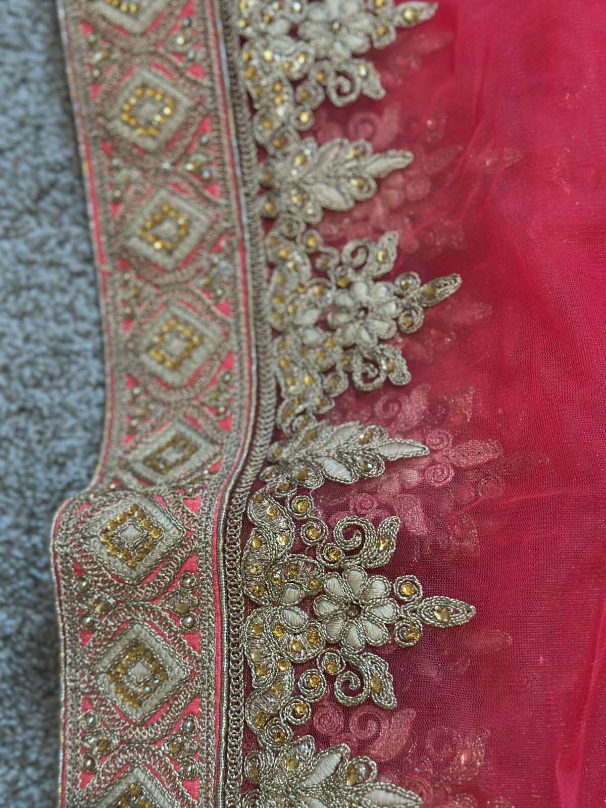 Coral Red color Lengha, Heavy Embroidery- Worn only once