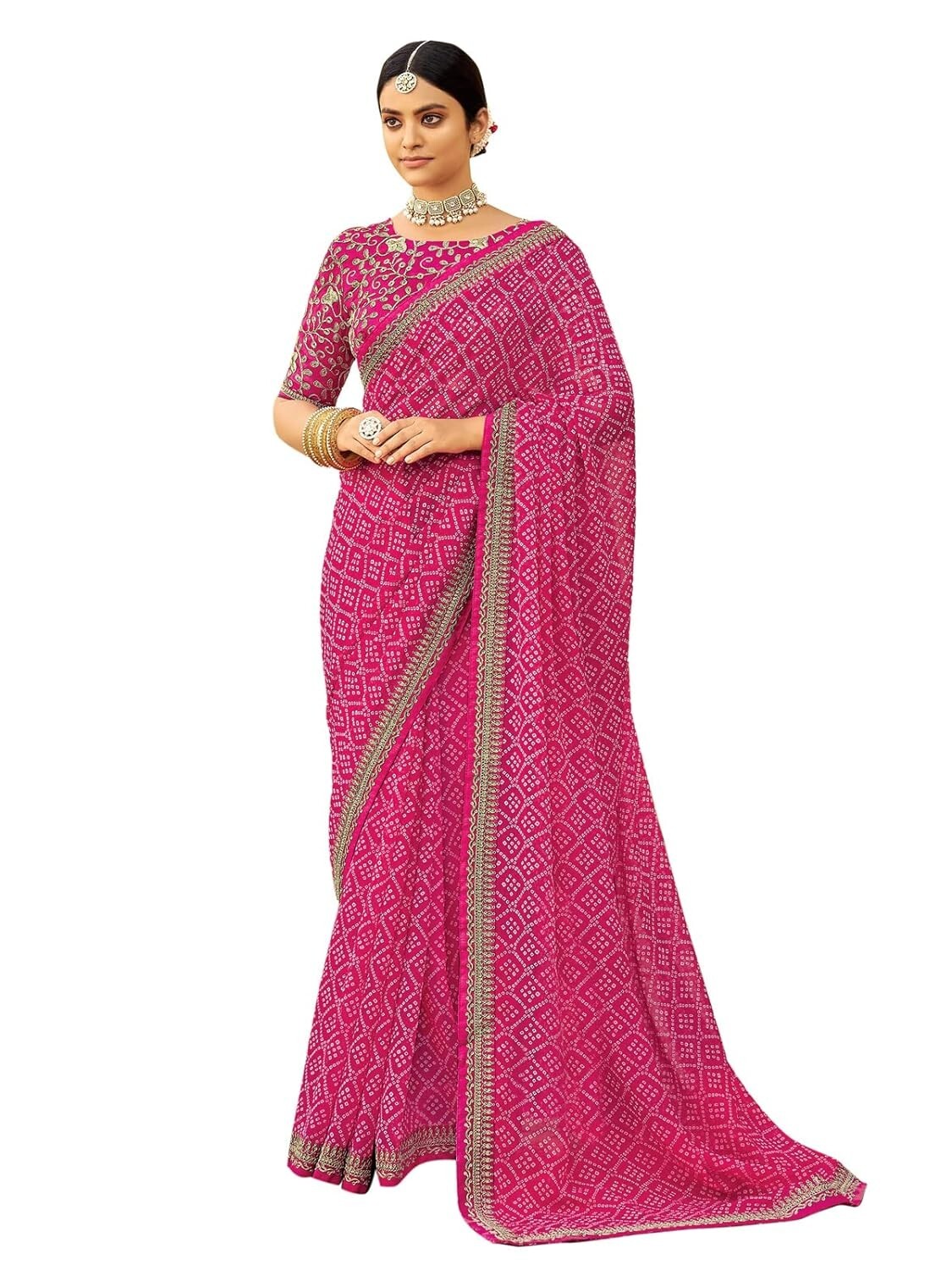Women’s Bandhani Printed & Embroidery Work In Lace Georgette Saree with Blouse