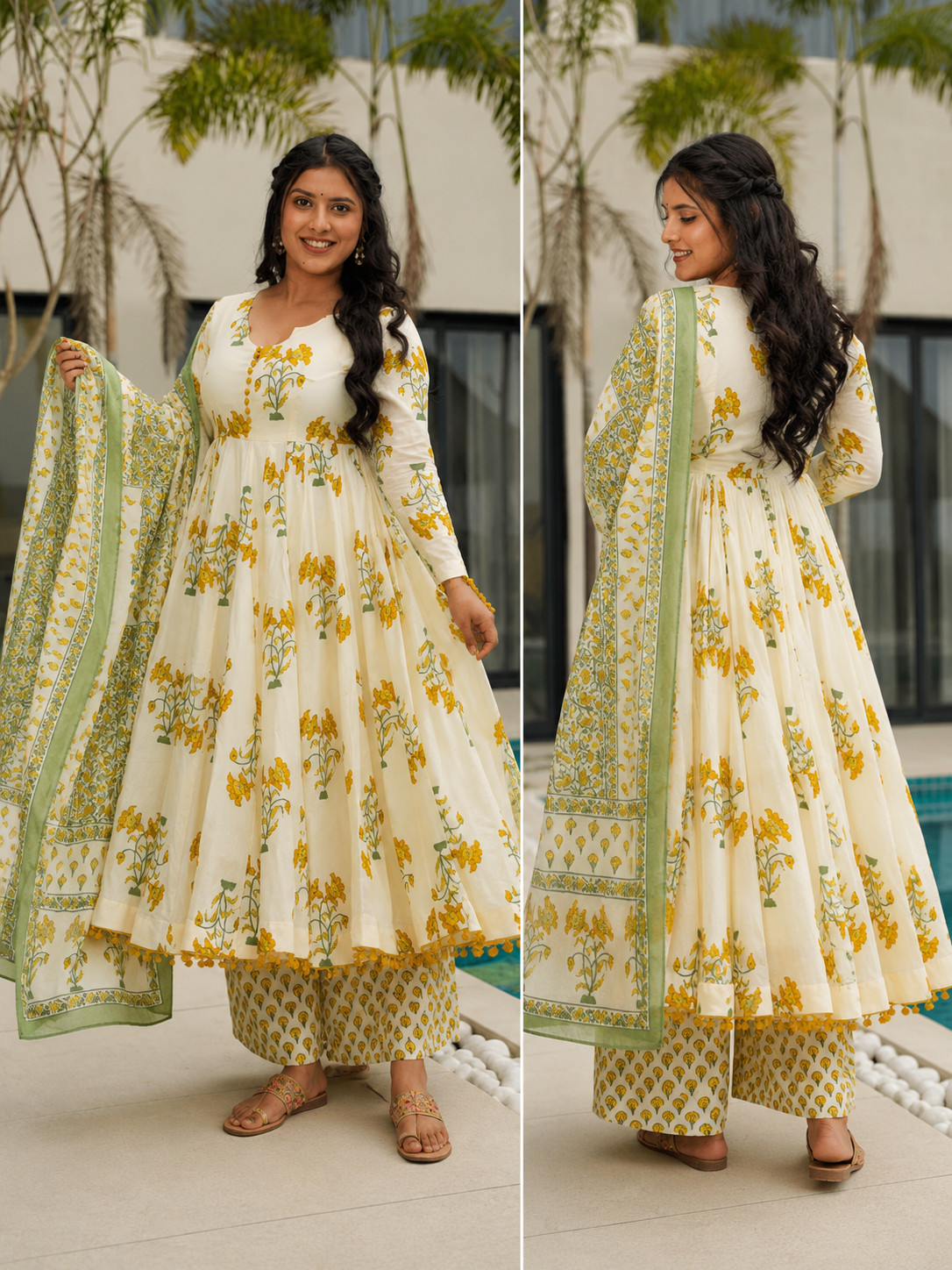 Women Floral Cotton Anarkali Kurta Palazzo Set with Dupatta Indian Ethnic Suit