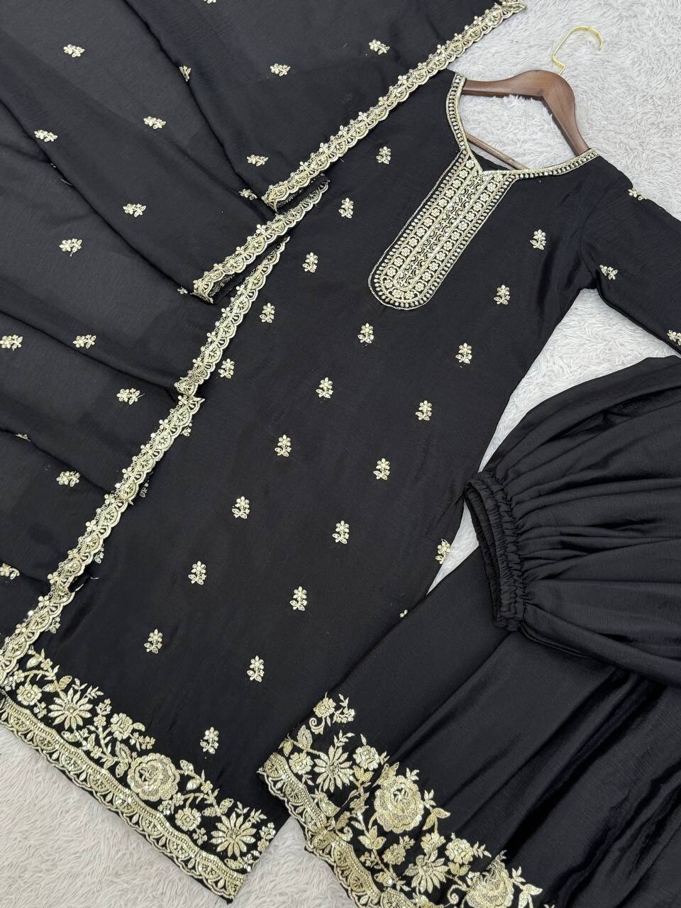 Beautiful Black Chinon Silk Kurta Palazzo With Dupatta For Reception & Party