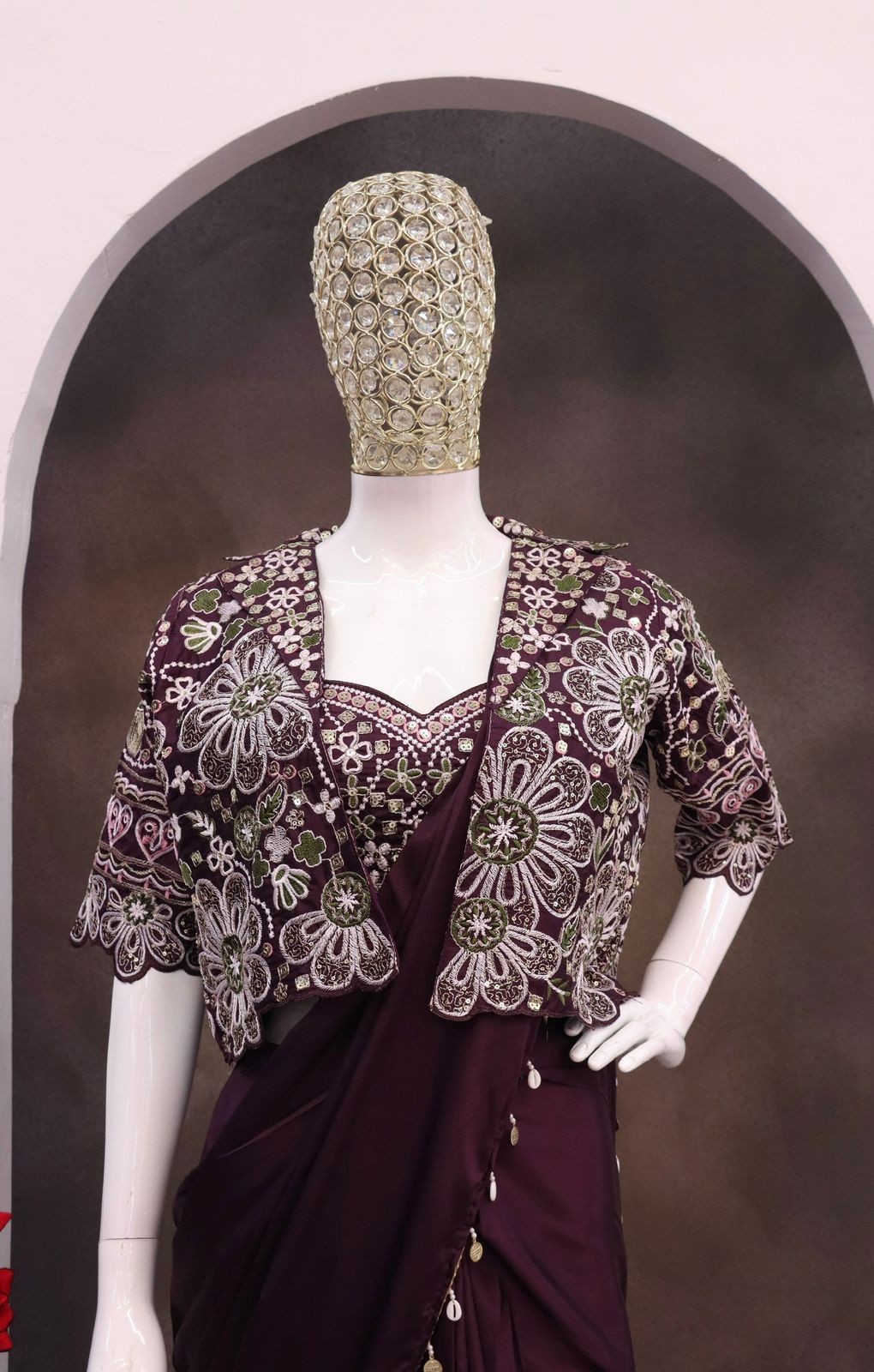 WINE COLOR CREPE SILK BORDER WORK READY TO WEAR SAREE STITCHED BLOUSE SARI KOTIS