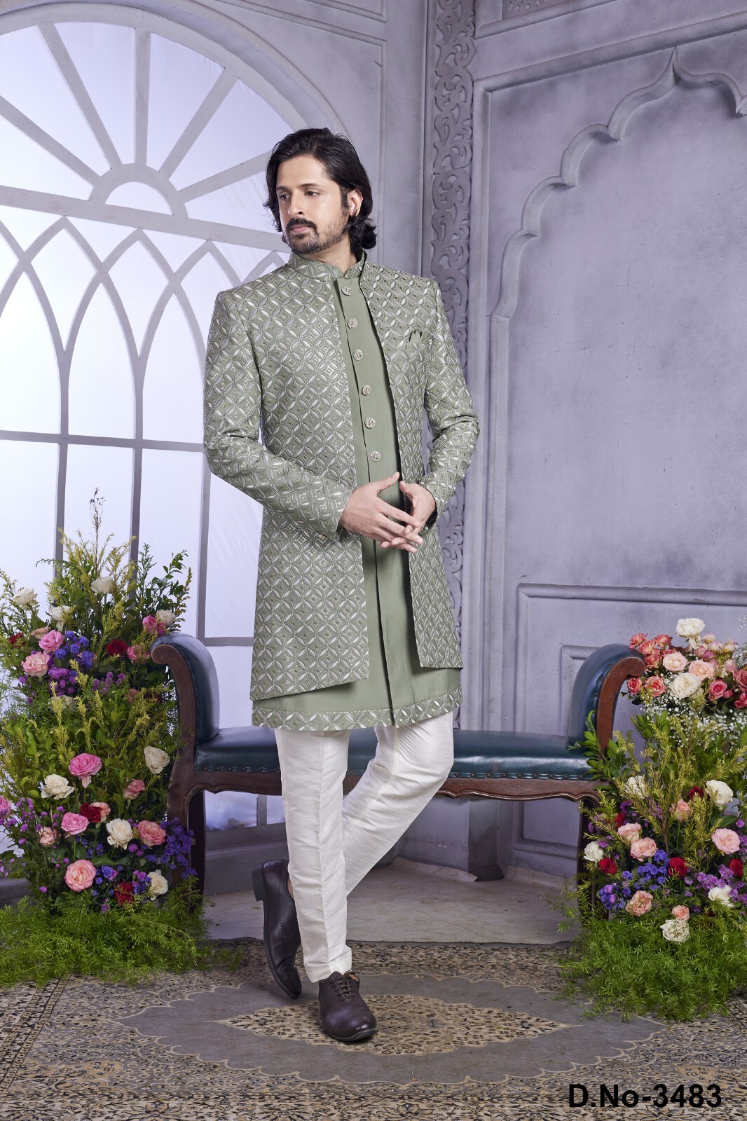 3 Pc Mens Designer Wedding Bollywood Traditional Wear Indo Western Jacket Set