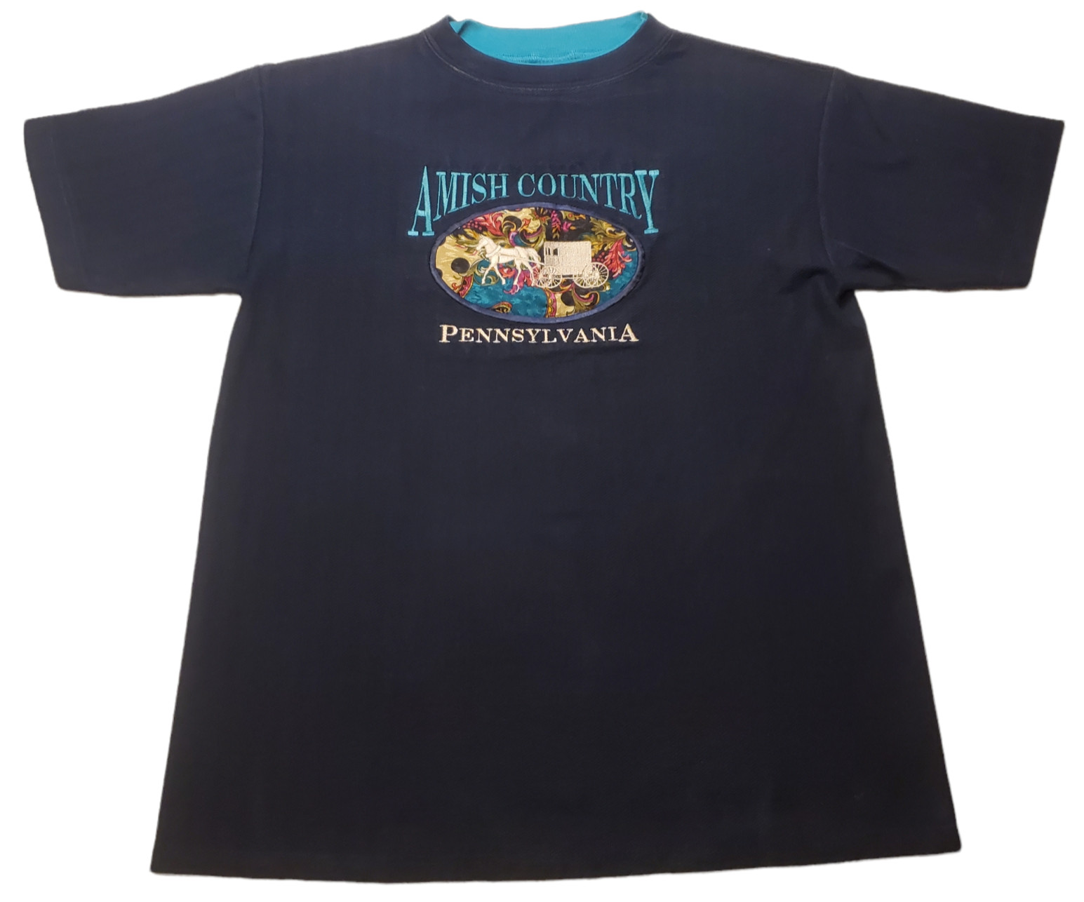 Amish Country Cal Cru Sweater Mens Adult Medium Dark Blue Emb Short Sleeve