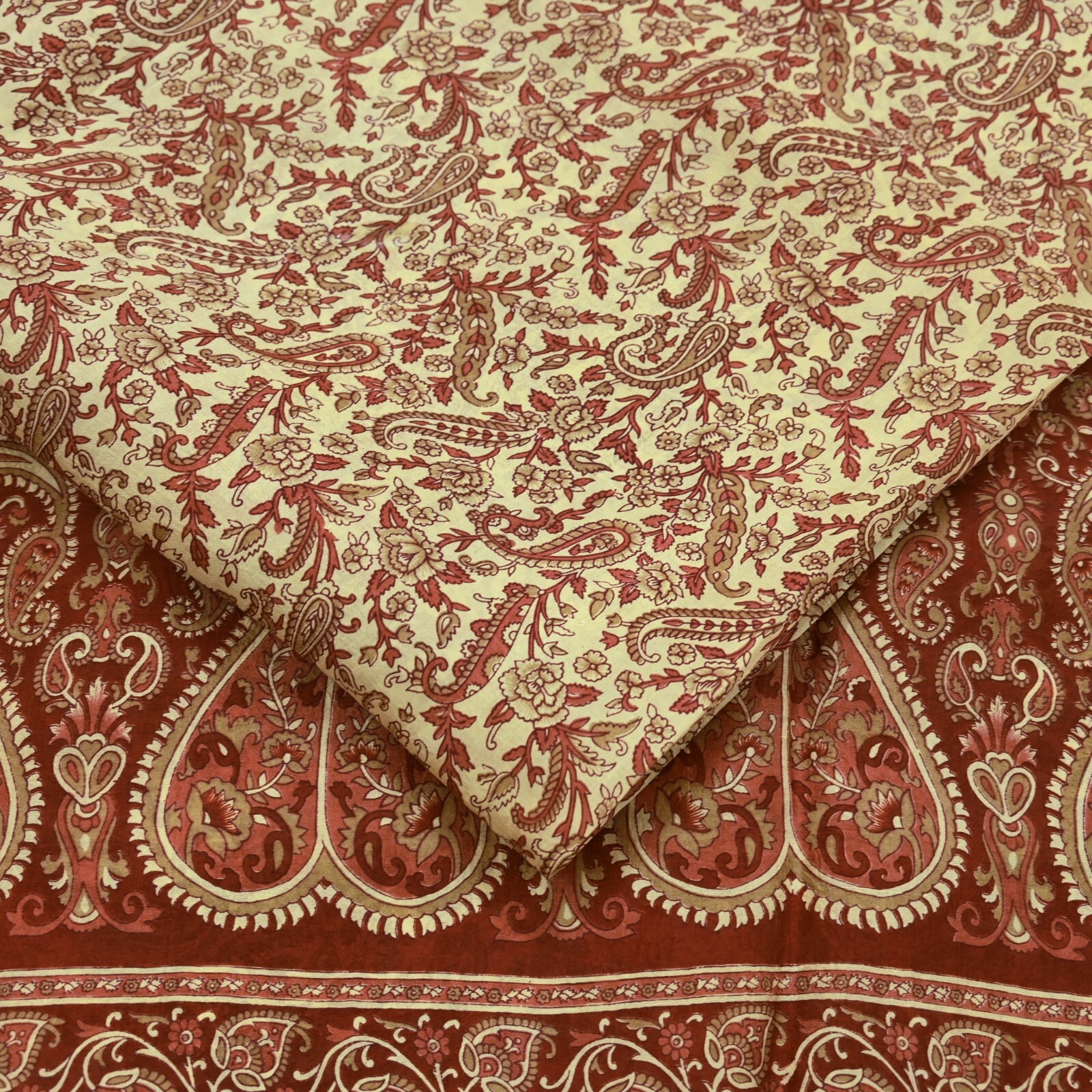 Indian Vintage Sari Brown & Ivory Pure Silk Printed Sarees Craft Fabric 6yd