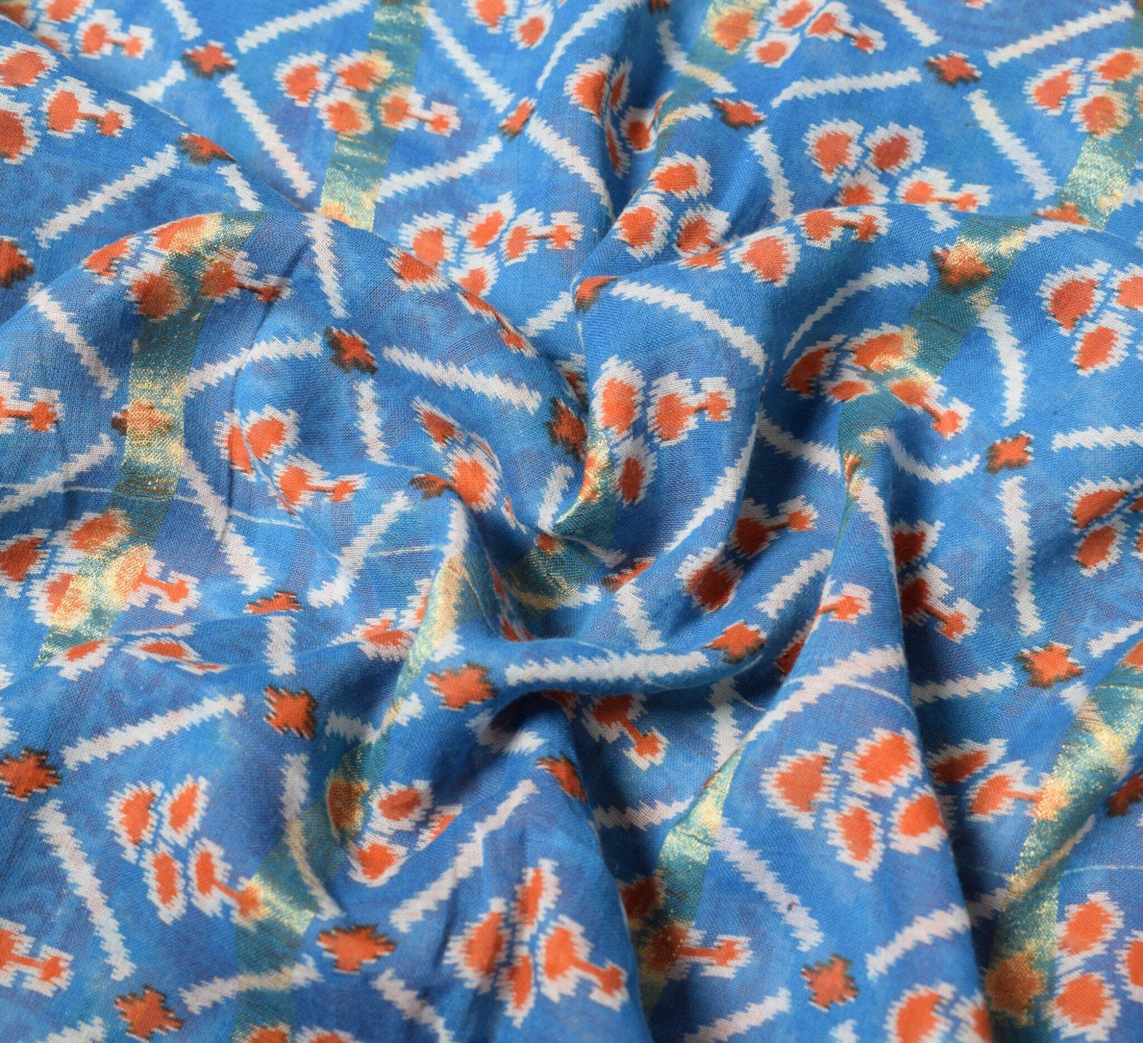 Sushila Vintage Ikat Print Saree Turquoise Blue Pure Cotton Soft Craft Fabric