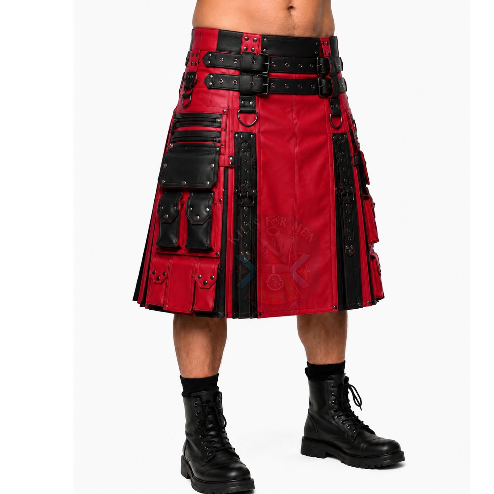 Red Black Gothic Leather Kilt For Men, Punk Utility Cargo Pocket, Customize Kilt