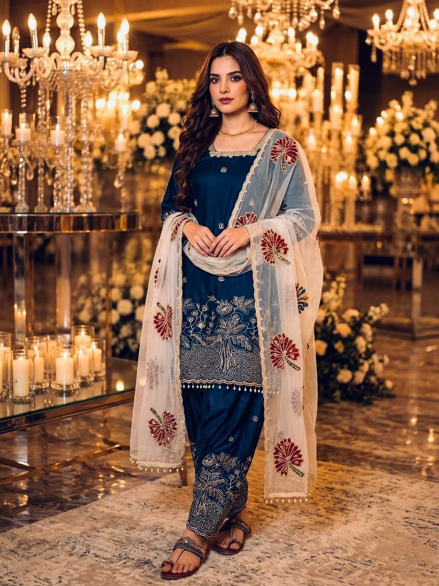 New Designer Silk Blue Top Palazzo With Dupatta For Indian Festive Wear