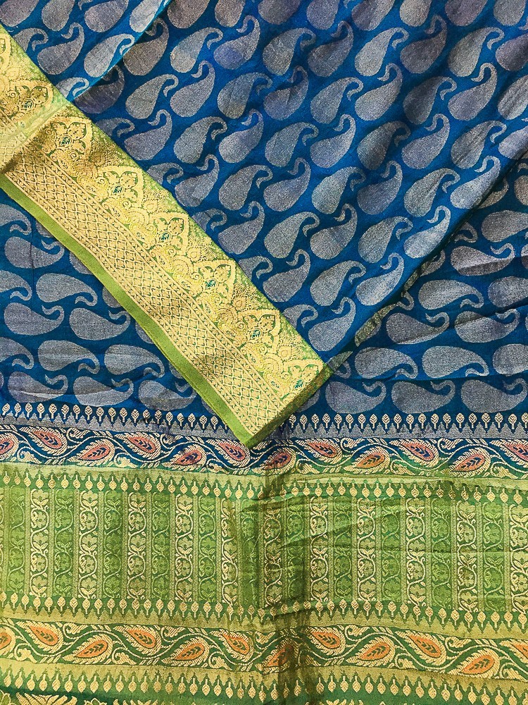 Vintage Satin Silk Brocade Saree Blue Indian Silk Blend 5 Yard Fabric SMS1003