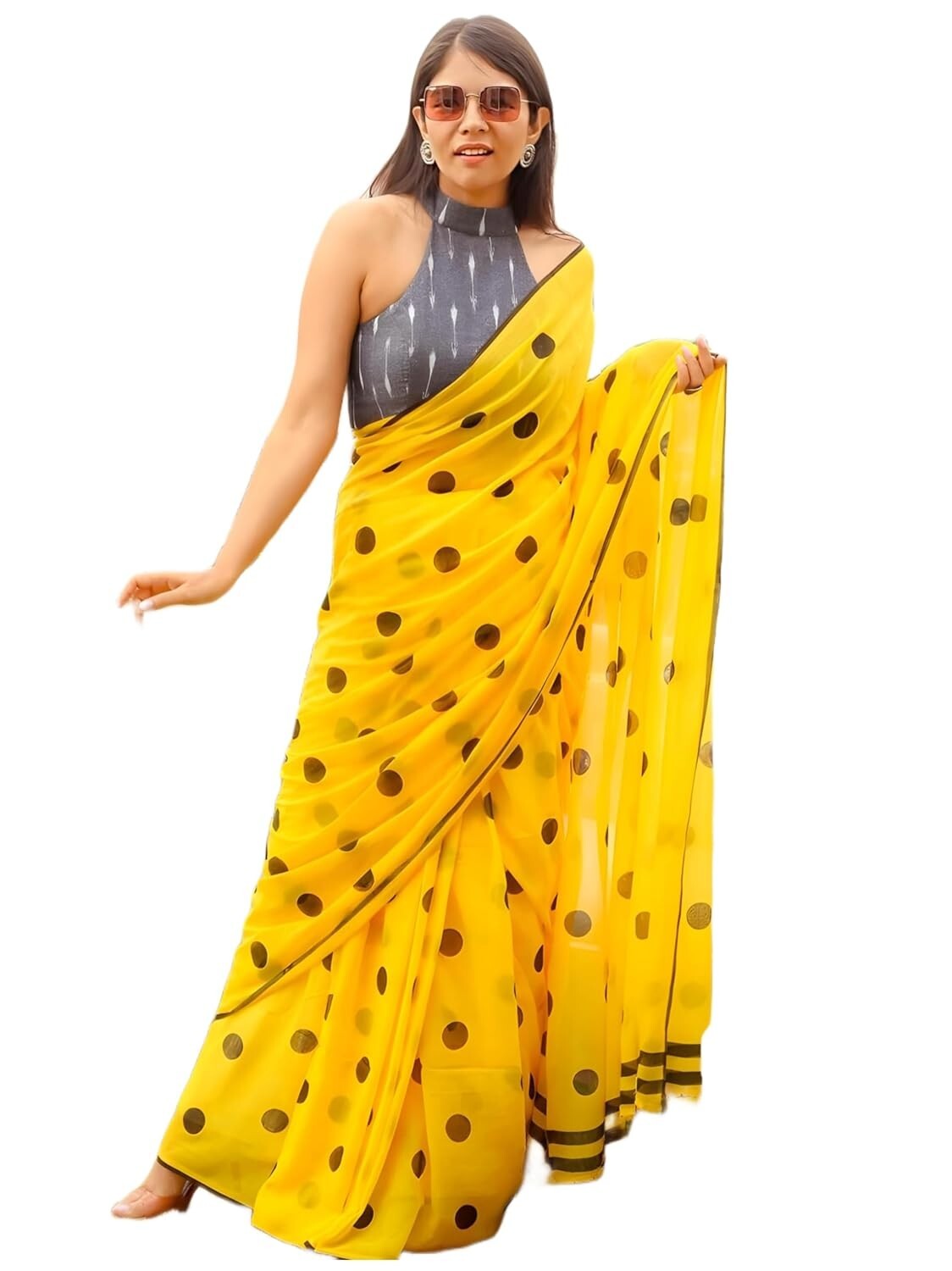 Women’s Polka Dot Printed Linen Cotton Saree With Unstitched Blouse Piece