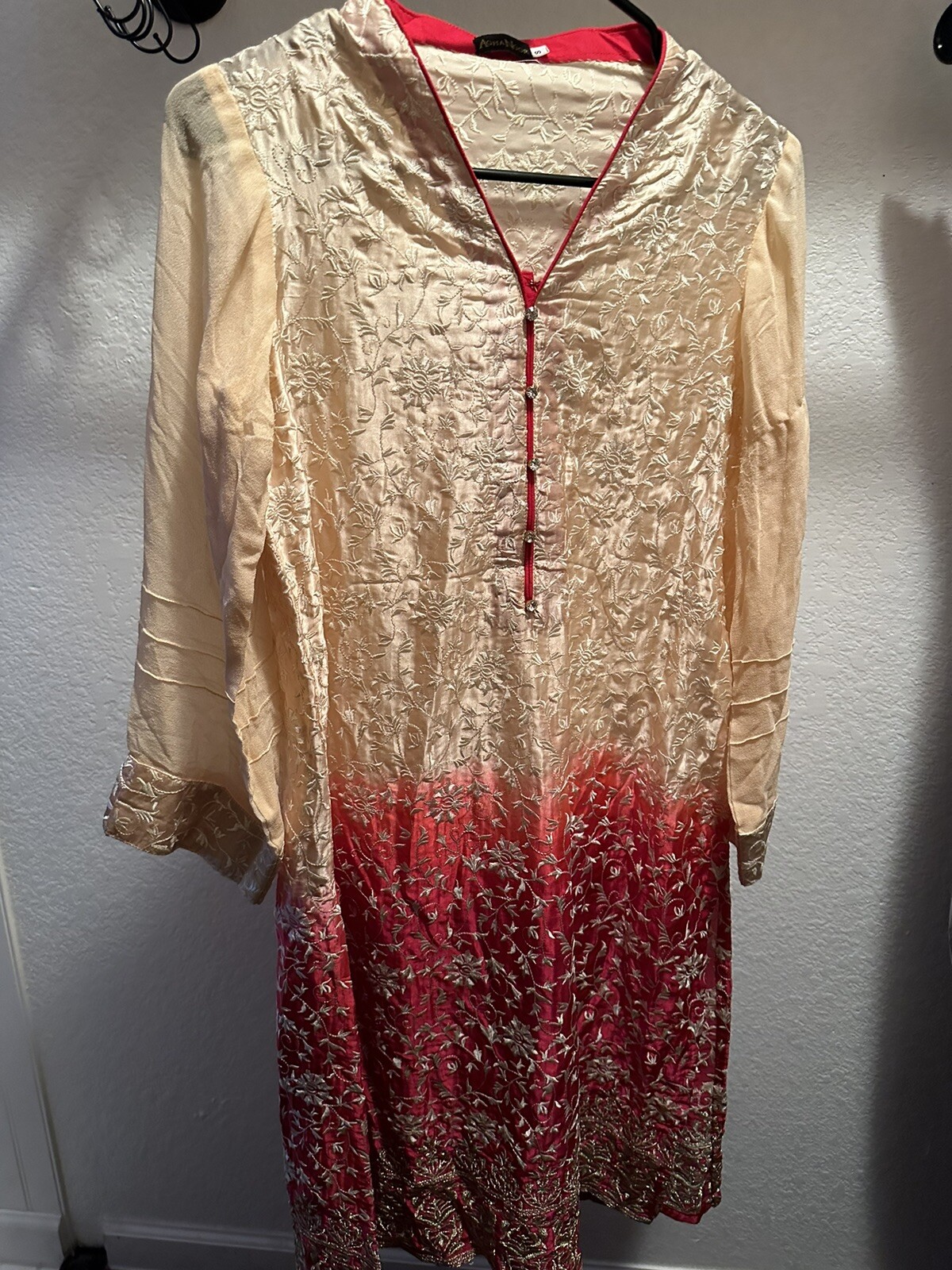 Pakistani designer aghanoor kurti size small Beige Red Embroidered Floral