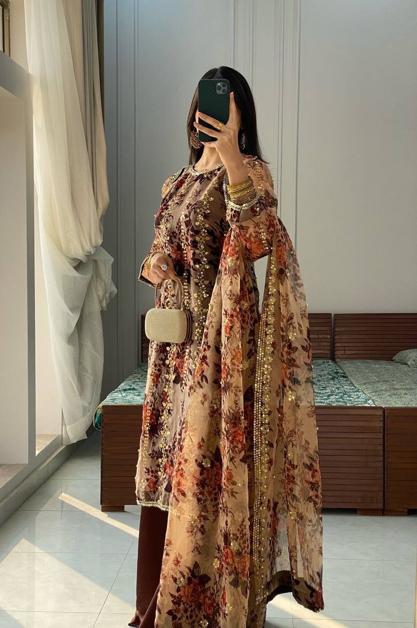 Georgette Embroidered Digital Print Gown–Plazzo Set With Rivet Moti Work